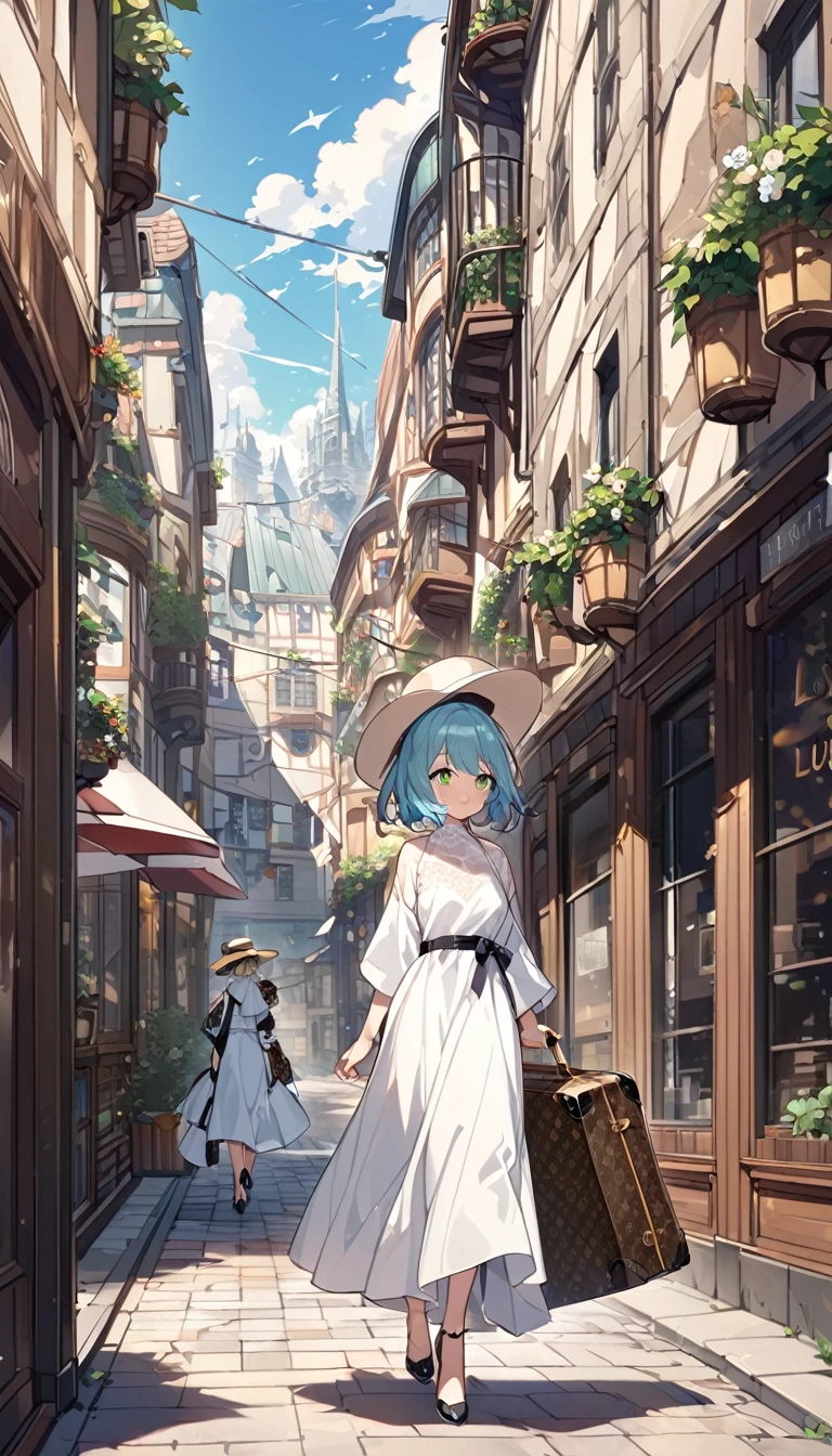 Light blue hair、Short Bob、Deep green eyes、Age 25、White dress、High heels、Pulling a Louis Vuitton suitcase、Wide-brimmed hat、、European cityscape、Walking、looking outside