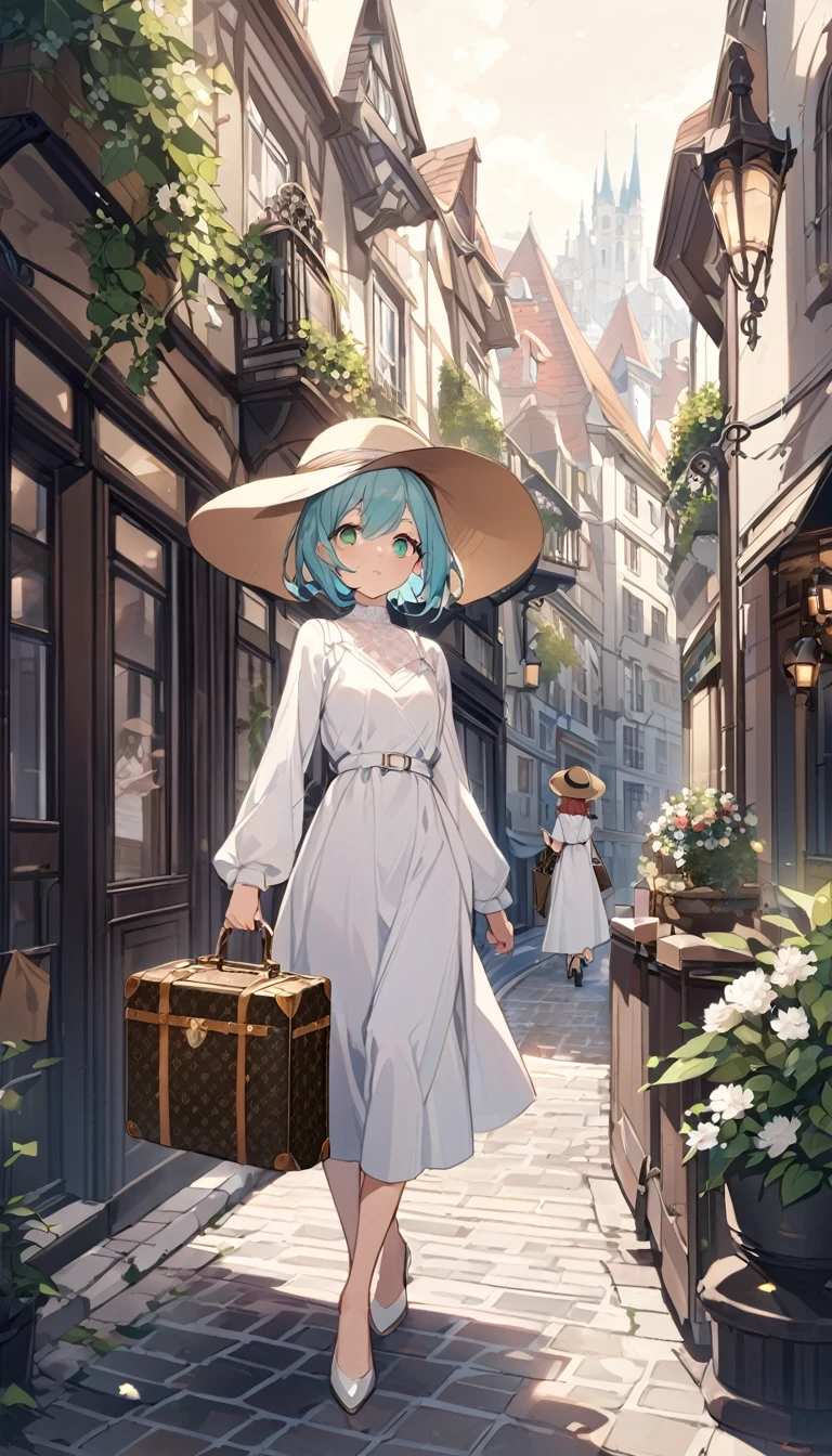 Light blue hair、Short Bob、Deep green eyes、Age 25、White dress、High heels、Pulling a Louis Vuitton suitcase、Wide-brimmed hat、、European cityscape、Walking、looking outside