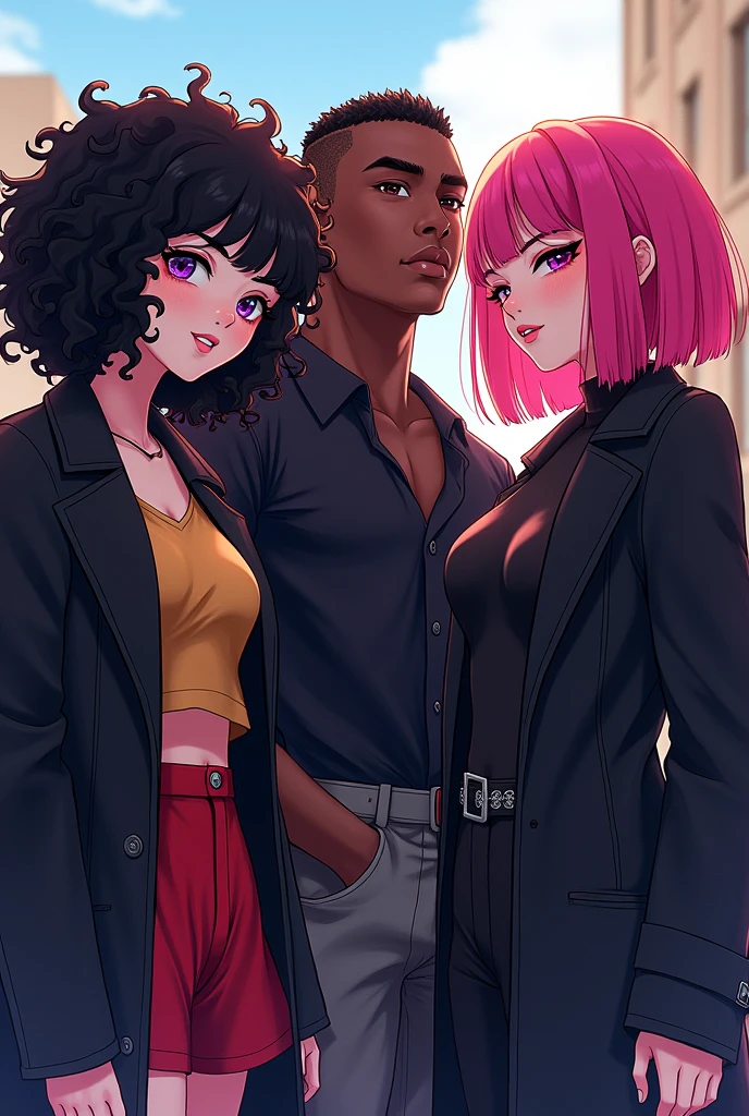 E-girl with black coat and curly black Power hair but not too long, and another e-girl with a black coat, straight hair with pink bangs, a little towards red, with the rest of her hair black, and a dark-skinned man with short hair shaved on the side, with a thick cord, with a black blouse