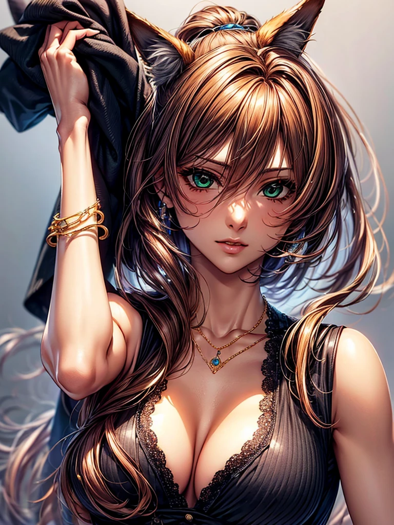 top-quality、tmasterpiece、Very high resolution、super high image quality、High-quality pixels)、perfect eyes, perfect face, perfect body figure,solo,8K, sizable breast,(Detailed description of hair), (Detailed description of face),(Detailed description of body), fair and clear skin, matchless beauty, long legged, brown hair details expressed, The details have been upgraded, tingyunhsr, green eyes, hair between eyes, ponytail, brown fox ears, fox tail, jewelry, bracelet, (black man suit:1.2), cool look, man trousers