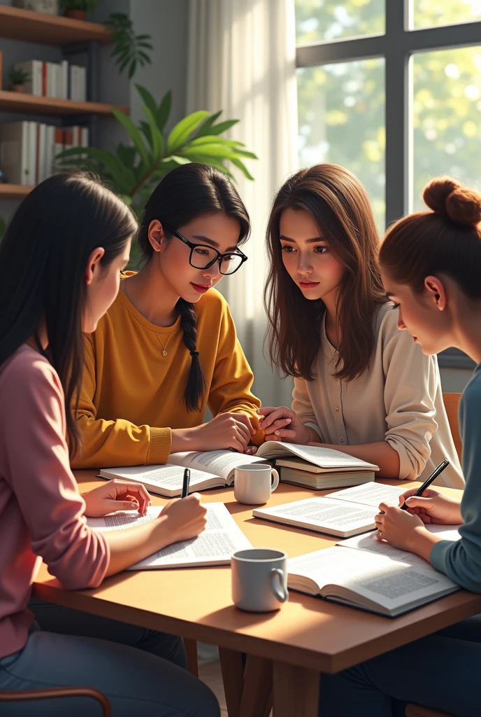 Four people studying to pass a teaching exam. Among these 4 people, one is a brown man with glasses and wavy, thin hair., and 3 girls.