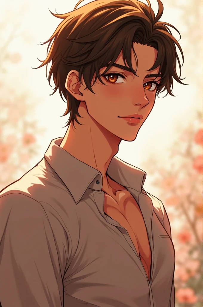 Create a gacha edit anime guy brown eyes brown hair brown skin with a sexy pose