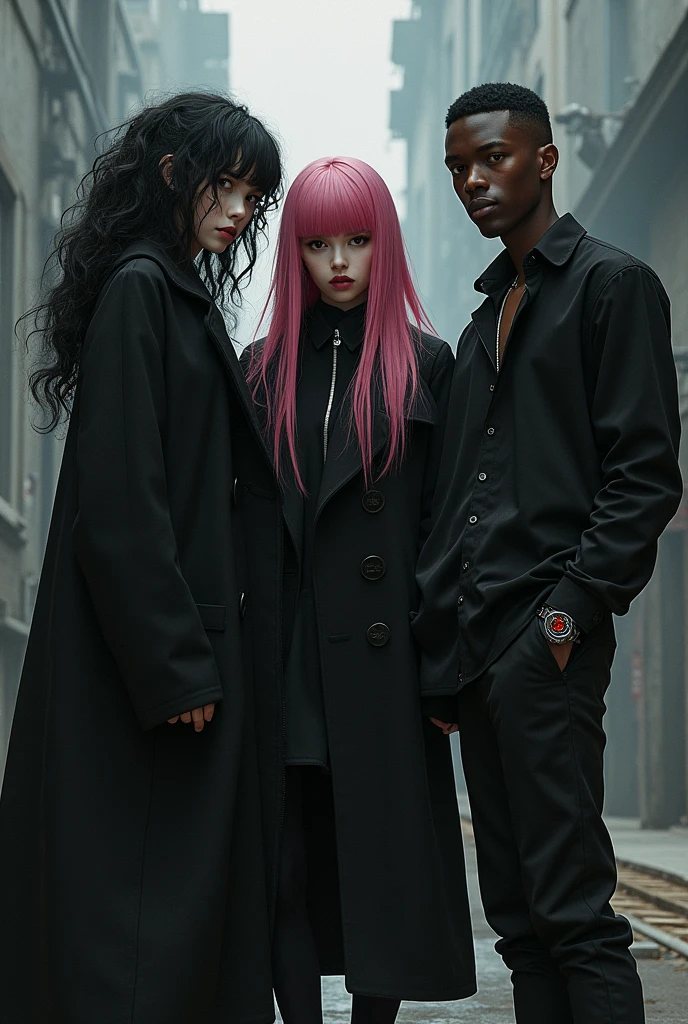 E-girl with black coat and curly black Power hair but not too long, and another e-girl with a black coat, straight hair with pink bangs, a little towards red, with the rest of her hair black, and a dark-skinned man with short hair shaved on the side, with a thick cord, with a black blouse