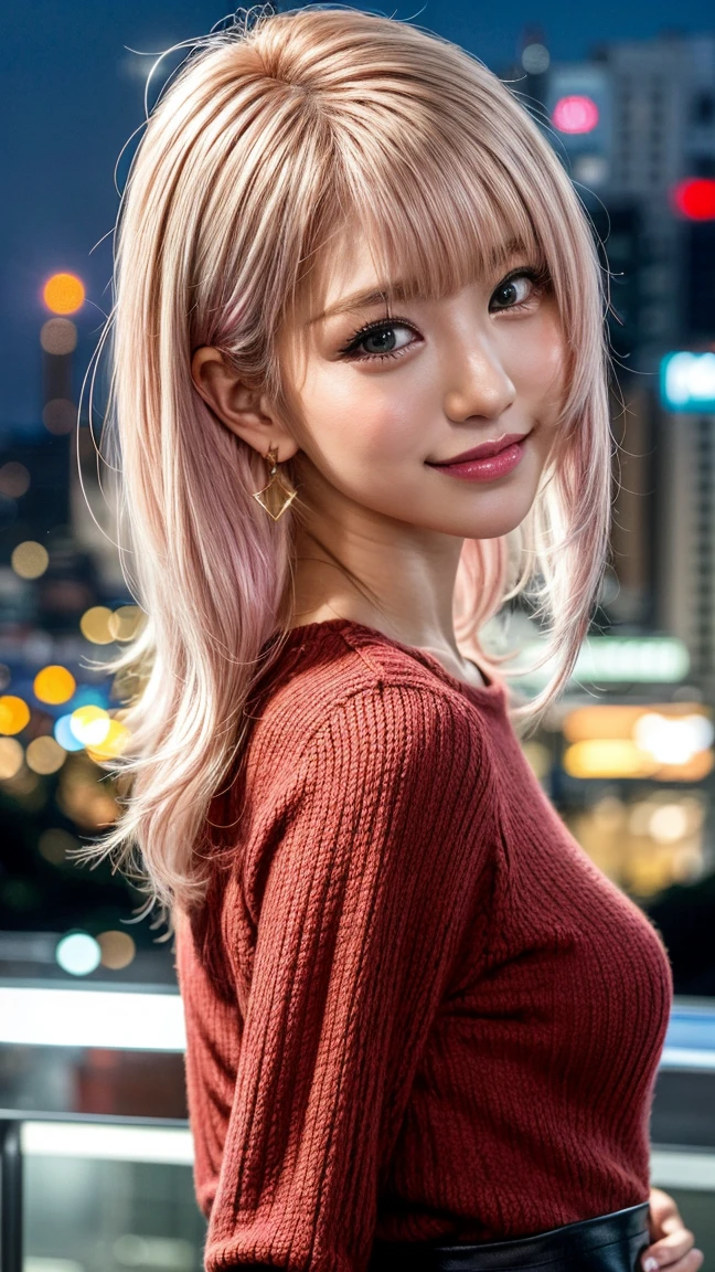 Highest quality, Tabletop, Ultra-high resolution, (Realistic:1.4), (Japanese Idols),RAW Photos, One Girl, night,Detailed skin,Blurred cityscape of South Korea,,Blonde, (Pink inner hair:1.3),Glossy Lips,smile,(Model pose:1.2),21 years old,Beautiful and beautiful eyes,Diamond jewellery,Earrings,Gold Jewelry,Cold Light,Tight black knitwear,,(Strengthened upper arms:1.2),A well-trained body,Pixie Hair