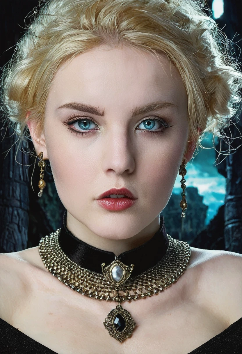 a girl with a collar, detailed face, beautiful eyes, long eyelashes, pale skin, blonde hair, wearing a choker necklace, in a fantasy environment, detailed background, volumetric lighting, cinematic composition, vibrant colors, digital art, intricate details, highly detailed