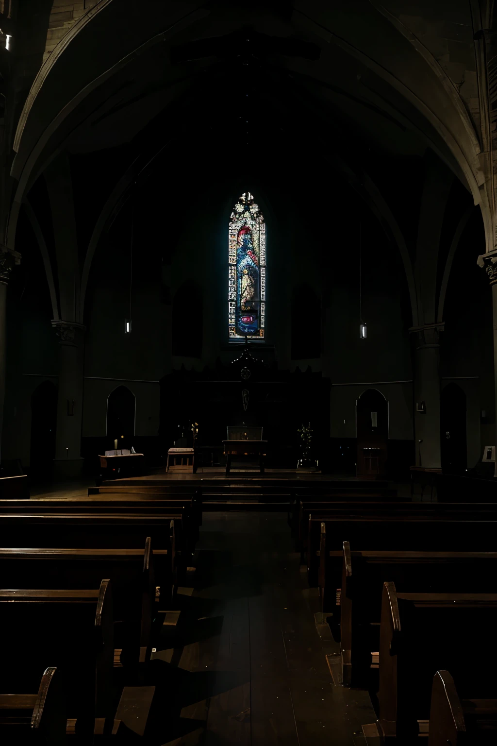 A gloomy church altar at night.