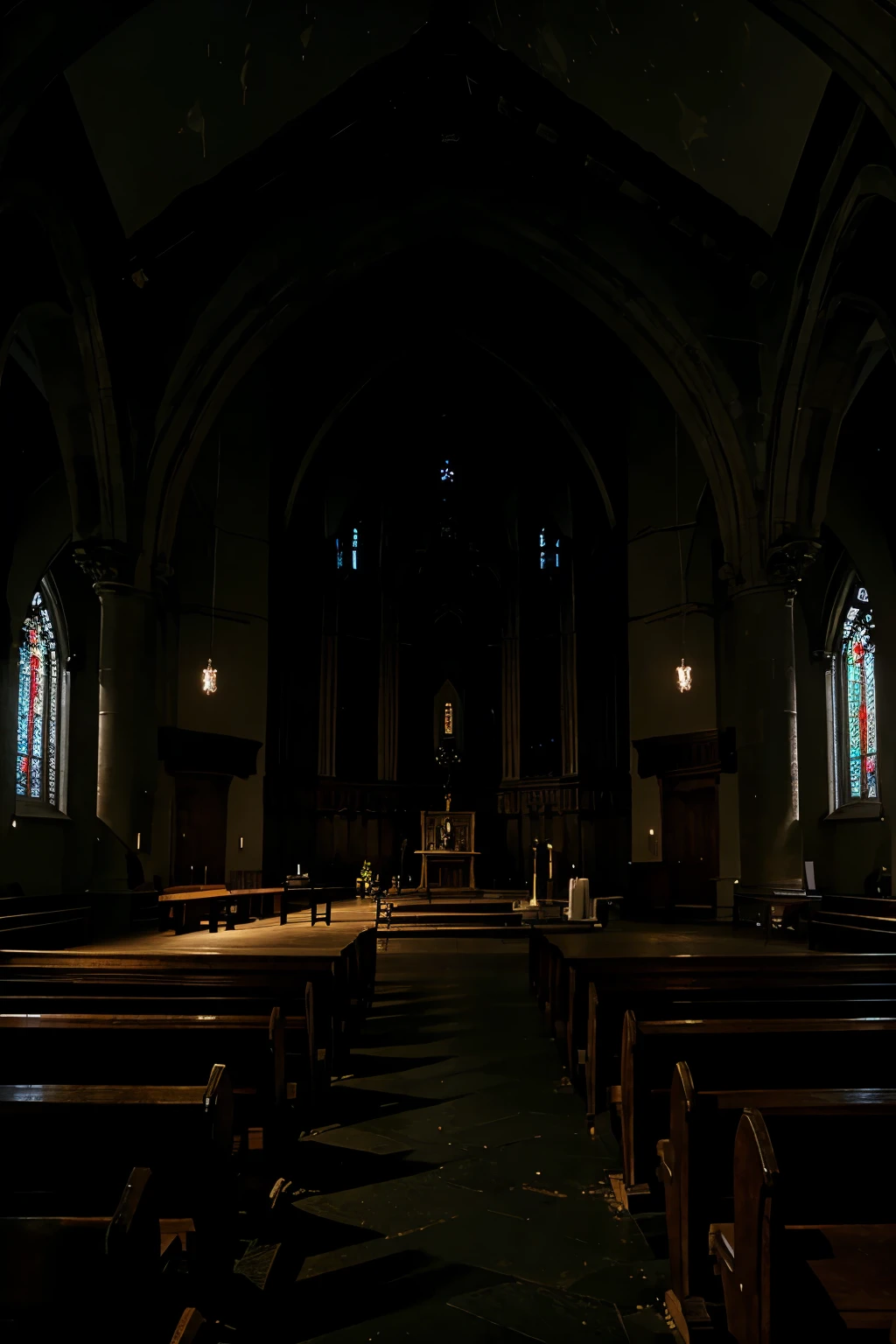 A gloomy church altar at night.