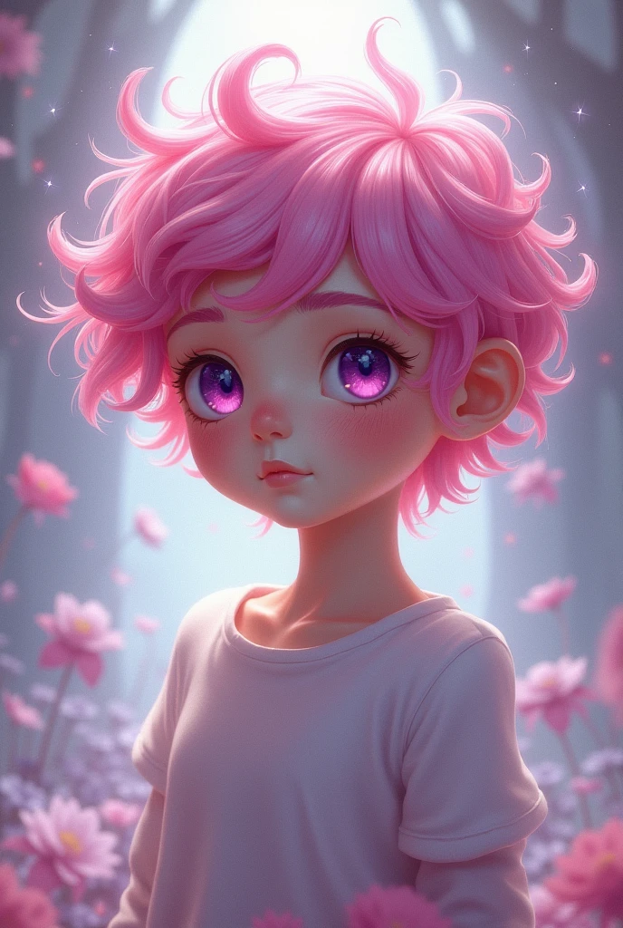 Boy with purple eyes and pink hair.