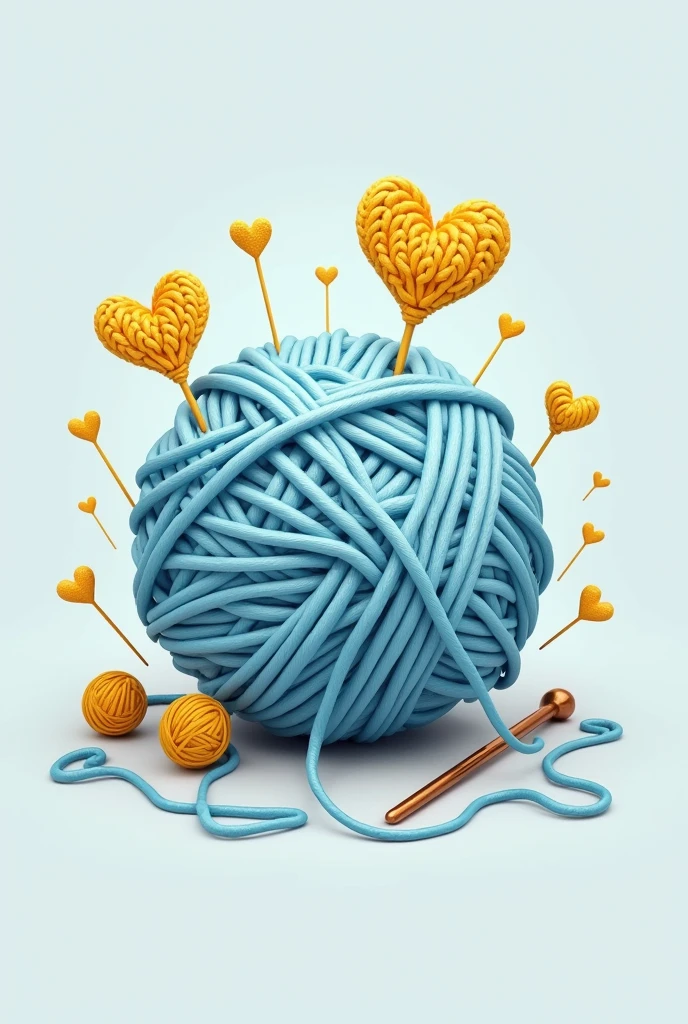 Criar um logotipo para uma loja de crochet, composing a ball of light blue wool and yellow hearts. A thread with a needle. The name of the store is "crochet.Lya". Put the name