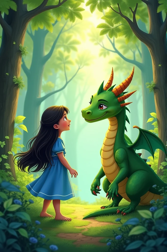 cover of a book drawingA colored image showing Bia, one with a blue dress, looking in awe at a friendly green dragon in a forest. The dragon has kind eyes and is smiling at Bia.