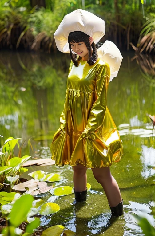 live-action female Slime monster transformation Frog whole body Bottomless swamp Multiple people Golden Rubber Dress Japanese