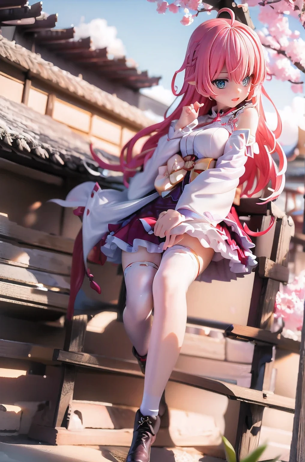 Plump thighs、Super huge chest、Camera eye line、Embarrassed、Fisheye Lens、masterpiece, Highest quality, High resolution, Shrine maiden1, cherry blossoms_Shrine maiden, One girl, (change:1.3),Moderate_chest, alone, Ahoge, Gone_hair_ornament, pink_hair, Floral print, hairclip,(~ Side_fewer_Clothes:1.3), (~ Side_chest:1.3), hair_Bell, Floral print, length_hair, hair between eye, one ~ Side up, white_Knee socks, wide sleeve, Open_mouth,(Happy:1.3),green_eye,smile,Away_feet,(excessively_length_sleeve:1.3),),sleeve_past_hand,hand_hidden_sleeve,~ Sidelock_Clothes,alone,hidden_hand,(Lol:1.5),Covered_Nipples,sunlight,(just_~ Side面:1.3),boots,Open_mouth,