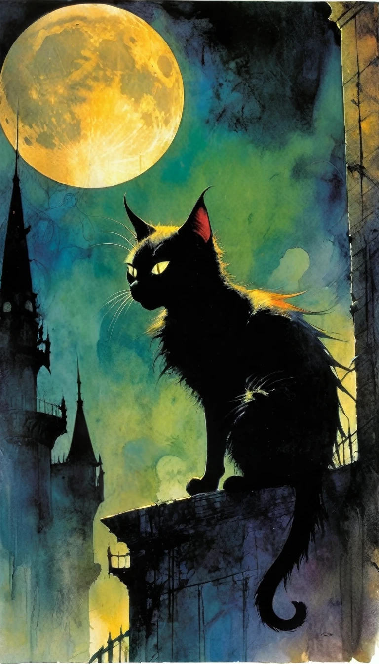 the cat of hell, dark castle, moon,Bill Sienkiewicz and Dave Mckean inspired art