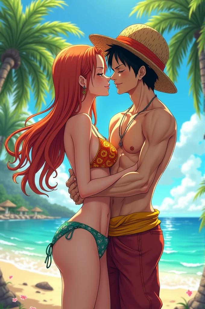 Nami from one piece in bikini kissing luffy