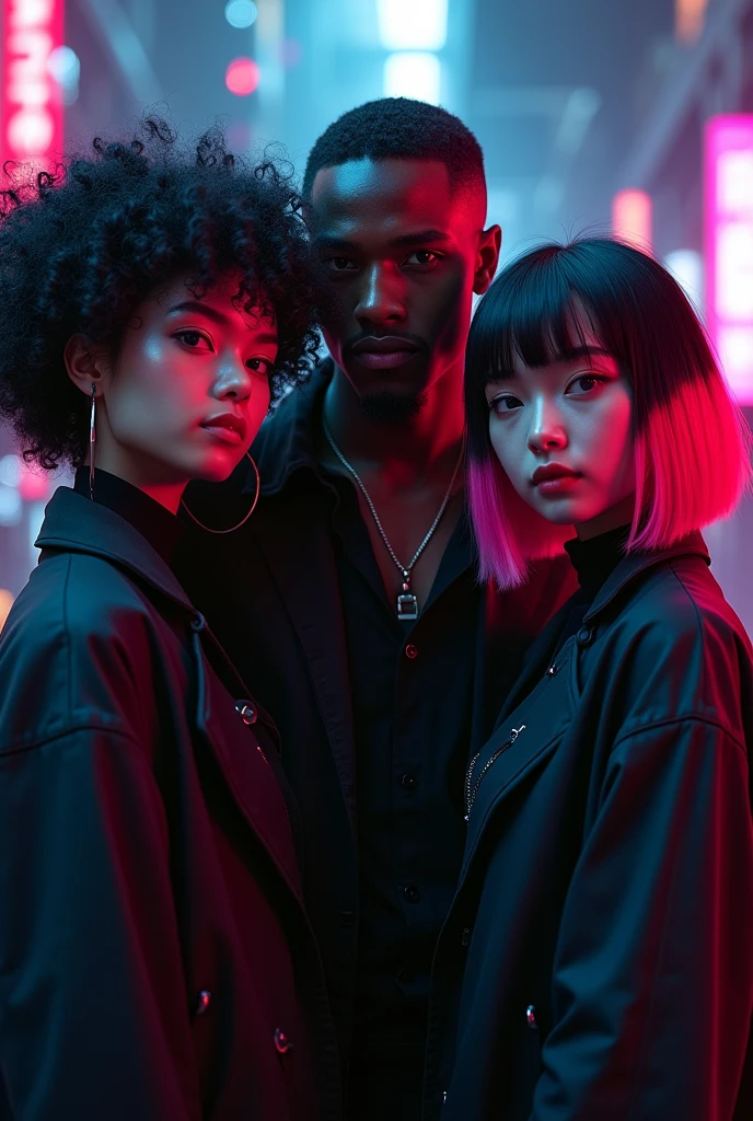 E-girl with black coat and curly black Power hair, and another e-girl with a black coat, straight hair with pink bangs, a little towards red, with the rest of her hair black, and a dark-skinned man with short hair shaved on the side, with a thick cord, with a black blouse