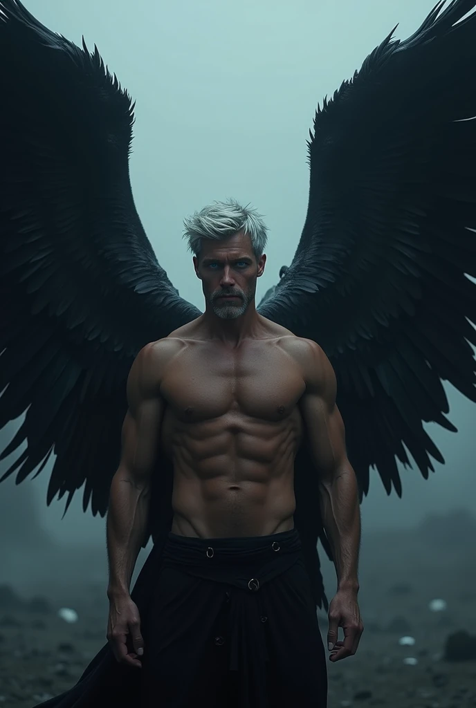 male mid aged Human with blue eyes, silver hair, very big four black wings, good abs and emotionless face