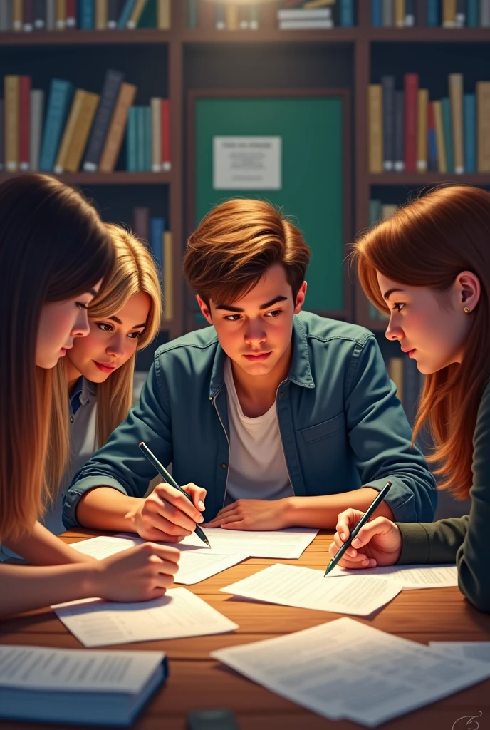 A man studying with 3 women with several papers to pass a contest