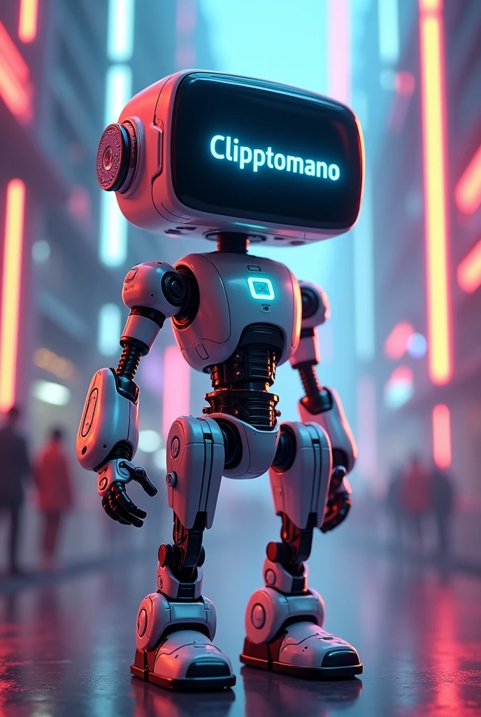 Animated robot with a screen on its head that says Clipptomano