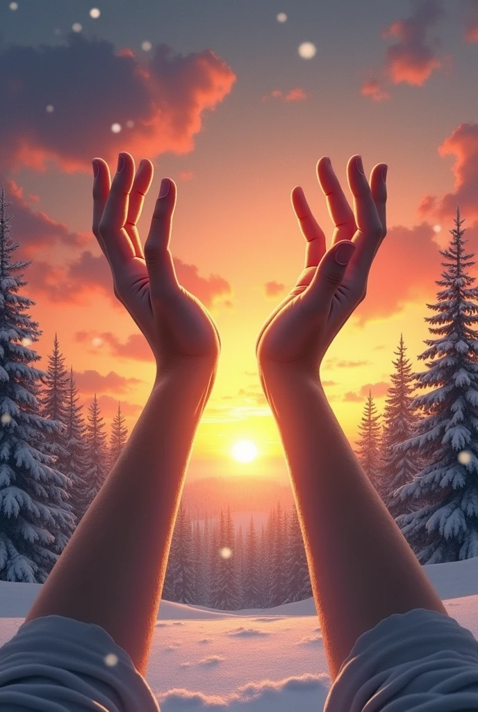 Book cover with TWO hands (sex is not identified) trying to touch the sky (There is a clear sunset behind and several snowflakes falling in the distance, Below is a pine forest full of snow), a white hand (the above) and the other brown hand ( the bottom one) hands are NOT at the sides and without clothes
