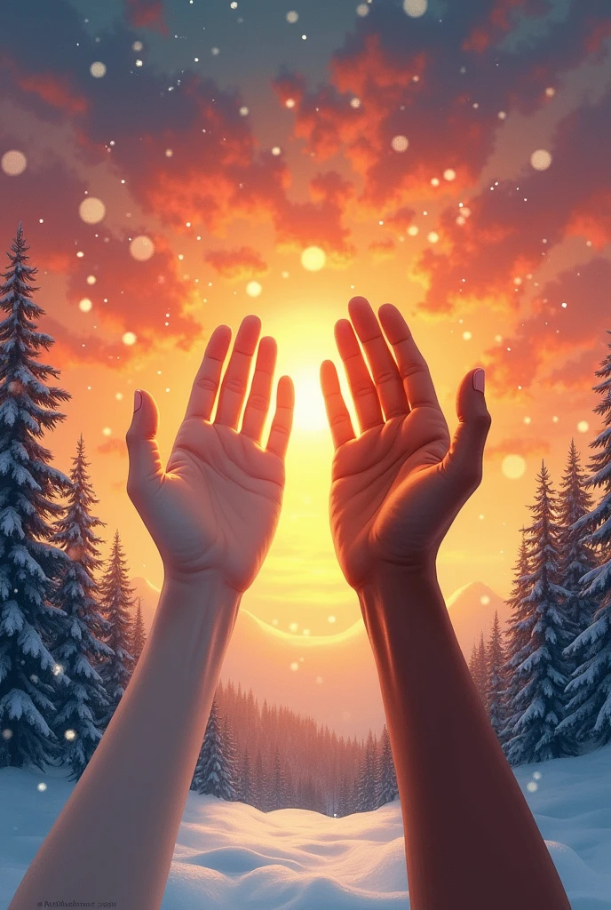 Book cover with TWO hands (sex is not identified) trying to touch the sky (There is a clear sunset behind and several snowflakes falling in the distance, Below is a pine forest full of snow), a white hand (the above) and the other brown hand ( the bottom one) hands are NOT at the sides and without clothes