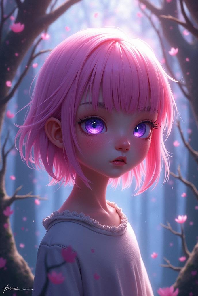 Young boy with purple eyes and pink hair. 