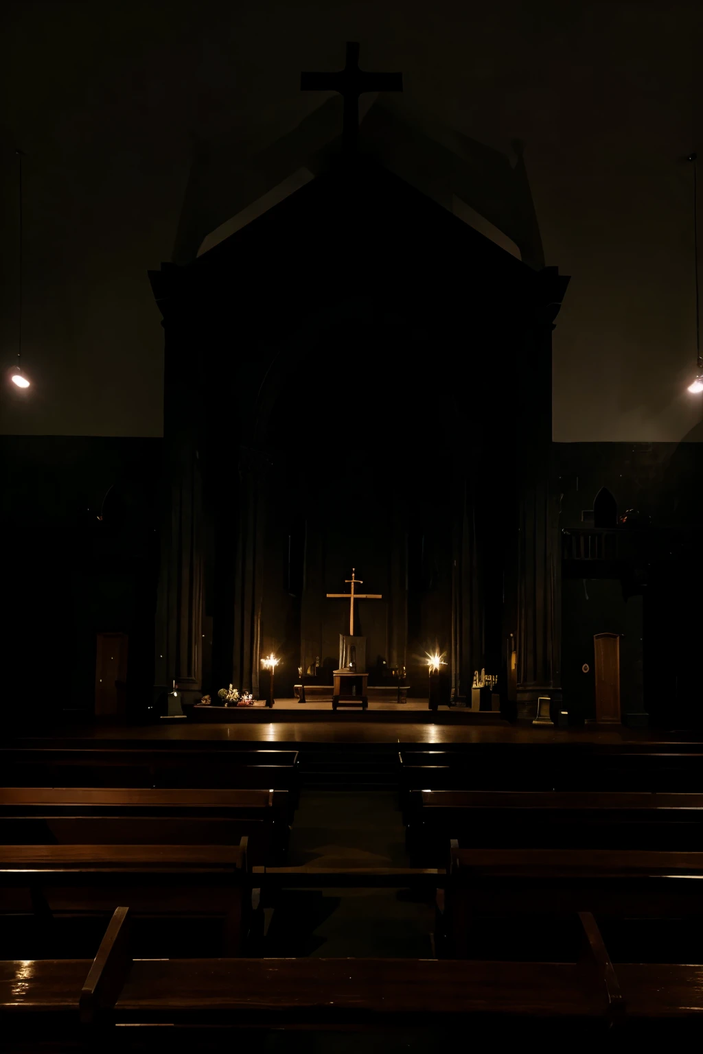 close up of a gloomy church altar at night.