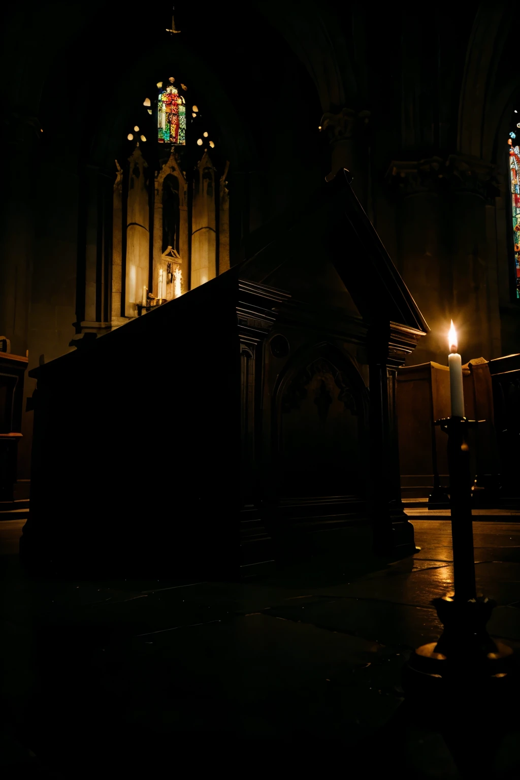 close up of a gloomy church altar at night.
