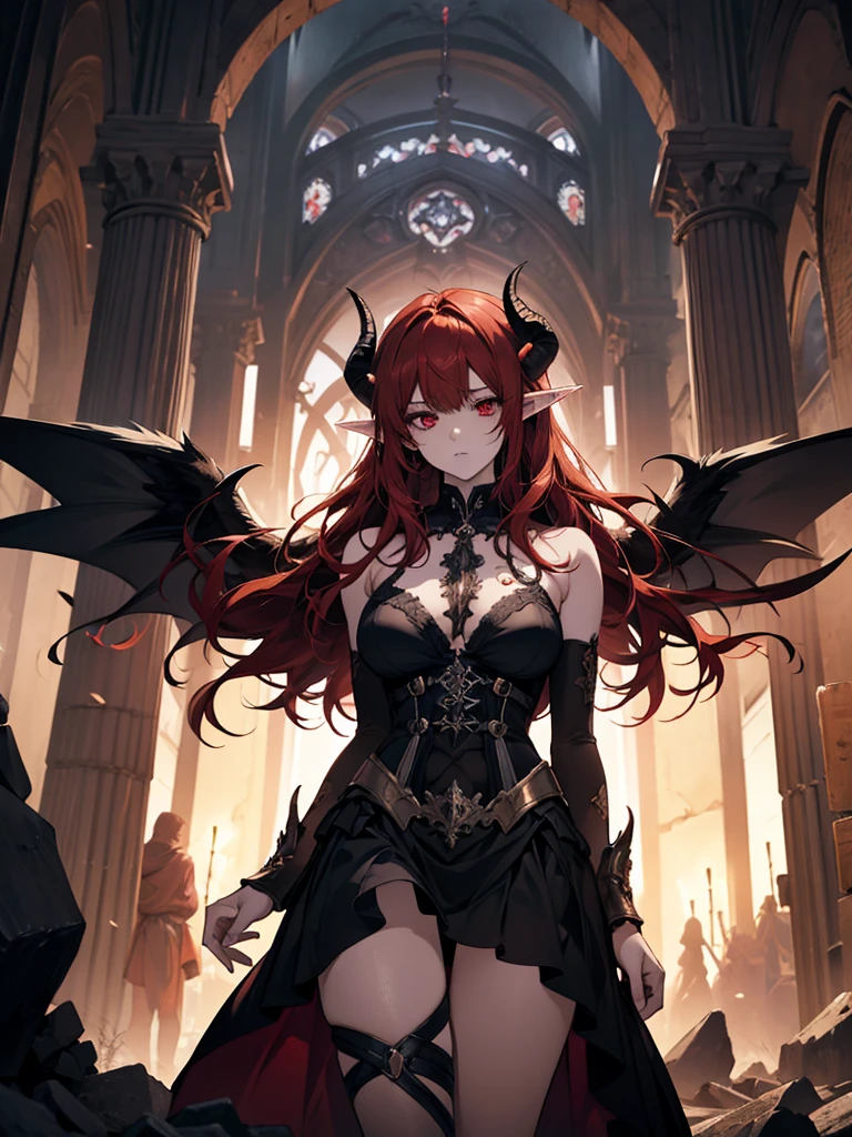 (masterpiece, high quality, highly detailed, anime style)
Demon woman, 30s, goat-like horns, long red hair, red eyes, fair skin, pointed elf ears, beautiful curves, intricate tattoos. Large tattered fallen angel wings. Revealing black medieval-style clothing. Stands in a crumbling castle after battle, showing fatigue and injuries. Dramatic pose with arms open. Dark tones, dramatic lighting, twilight or dawn sky.