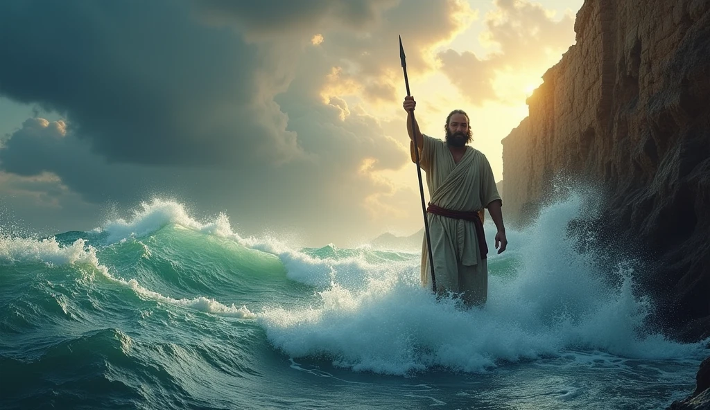  "Moses raising his staff, waters of the Red Sea parting into high walls, Hebrew people crossing with expressions of hope and fear, stormy sky --ar 16:9 --v 6 --style 4a"