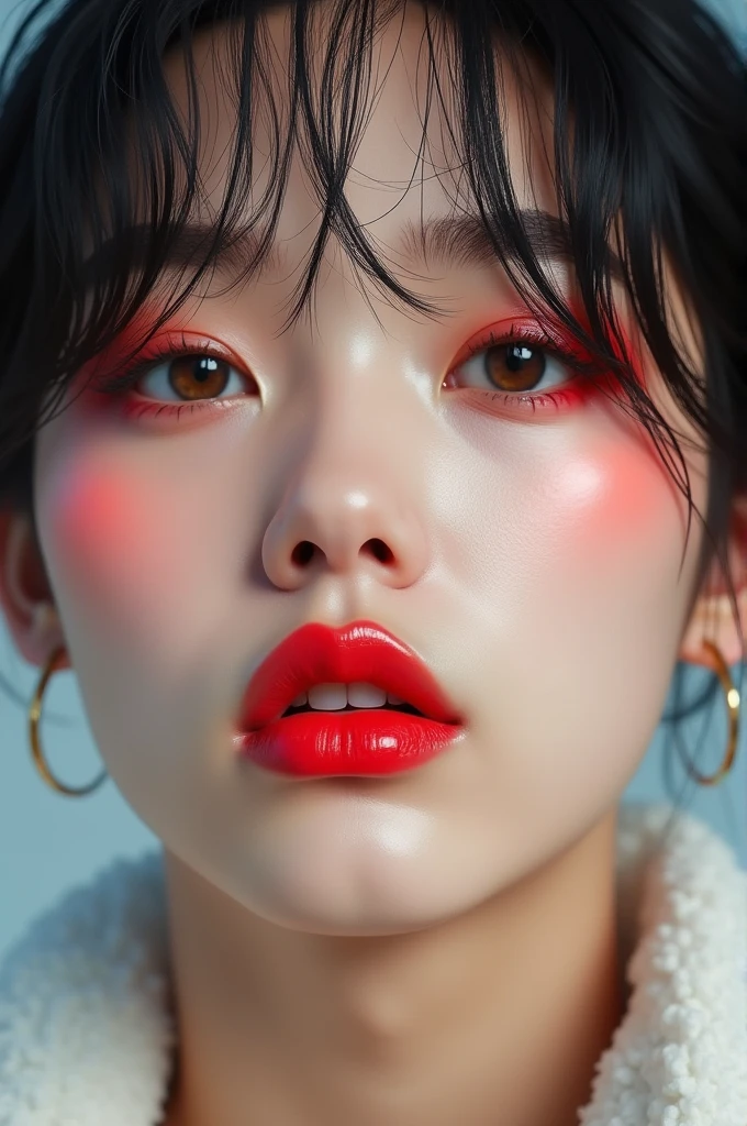 Korean jimin from bts with white skin, full mouth half red big eyes