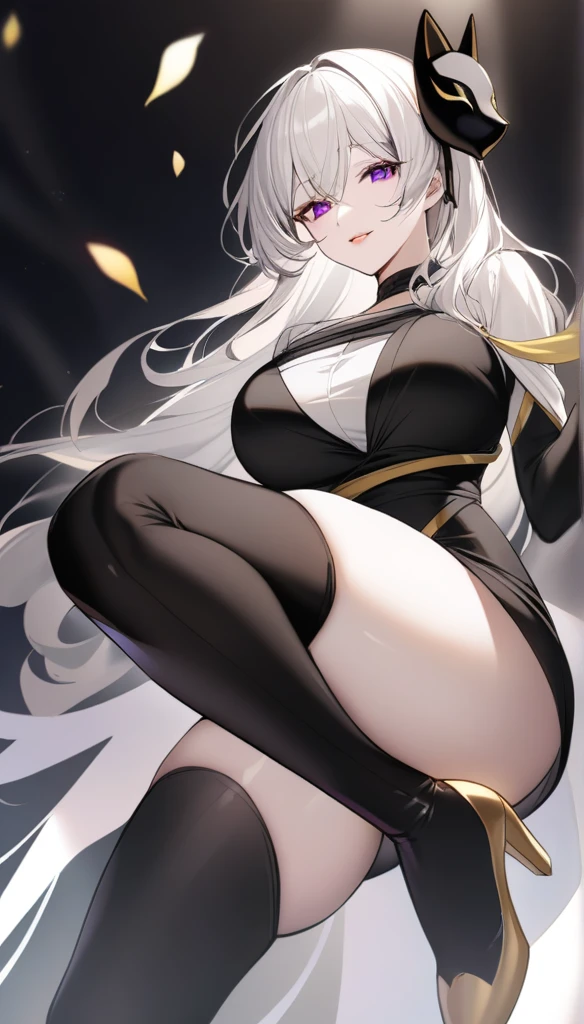 "A with a voluptuous body, pale and delicate skin, long straight white hair, bright and expressive purple eyes, rosy and full lips. She wears a black fitted dress that accentuates her waist and bust, with a V-neckline that highlights her large breasts. The dress has a short black skirt that clings to her hips and shows off her smooth and toned thighs. She wears a pair of black stockings that cling to her legs and accentuate her figure. On her feet, she wears a pair of black high-heeled boots that give her an air of mystery and sensuality. Around her neck, she wears a black choker with a small crucifix that accentuates her pale skin. Her white hair falls loose down her back and moves gracefully as she moves. Her bright purple eyes shine with intensity and her gaze is hypnotic. Her rosy and full lips are perfect for kissing and her smile is radiant. She wears a kitsune mask on one side of her face that gives her an air of mystery and magic. Her figure is curvy and sensual, with a large bust and wide hips. She is a true beauty and her presence is impressive."