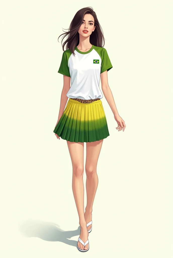 I would like a women's fashion sketch. I want a white baby tee with a matcha green gradient on the shoulders and sleeves forming a gradient on the blouse with the white part. I still want a small Brazilian flag on the top left of the baby tee..
I would like a short pleated skirt in matcha green with a yellow hem.. I also want a thin belt with a leopard print and white flip-flops on my feet..