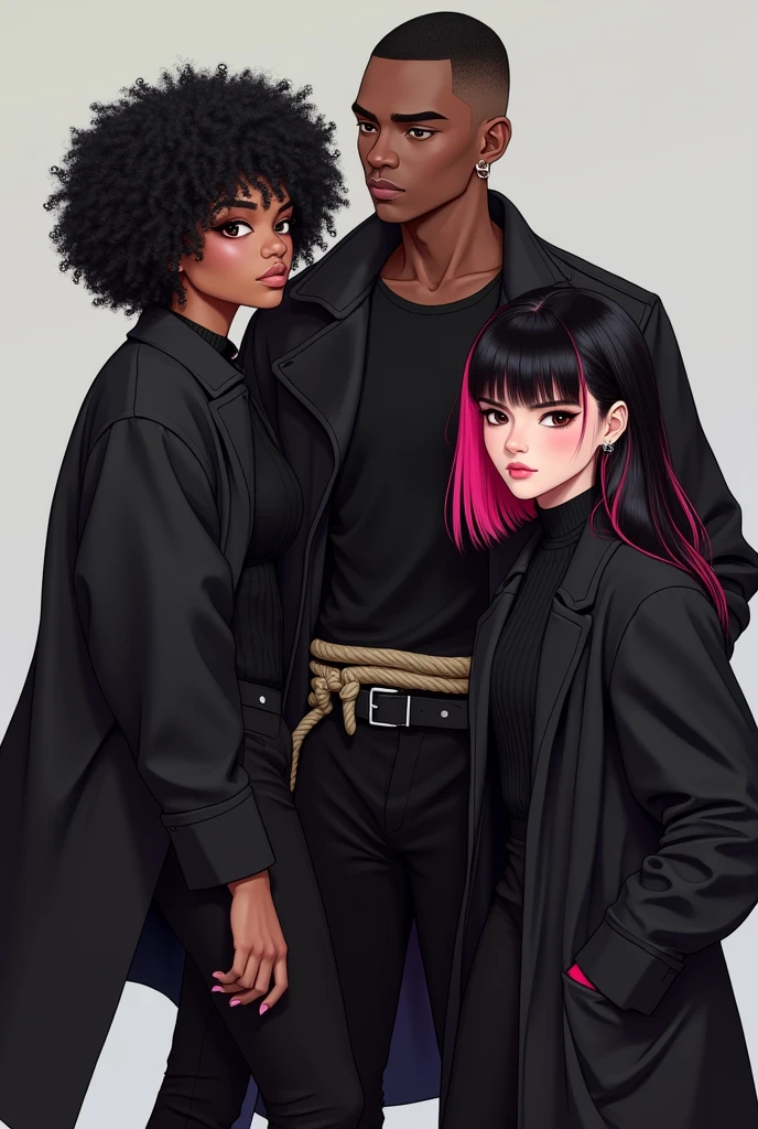 E-girl with black coat and curly black Power hair, and another e-girl with a black coat, straight hair with pink bangs, a little towards red, with the rest of her hair black, and a dark-skinned man with short hair shaved on the side, with a thick cord, with a black blouse