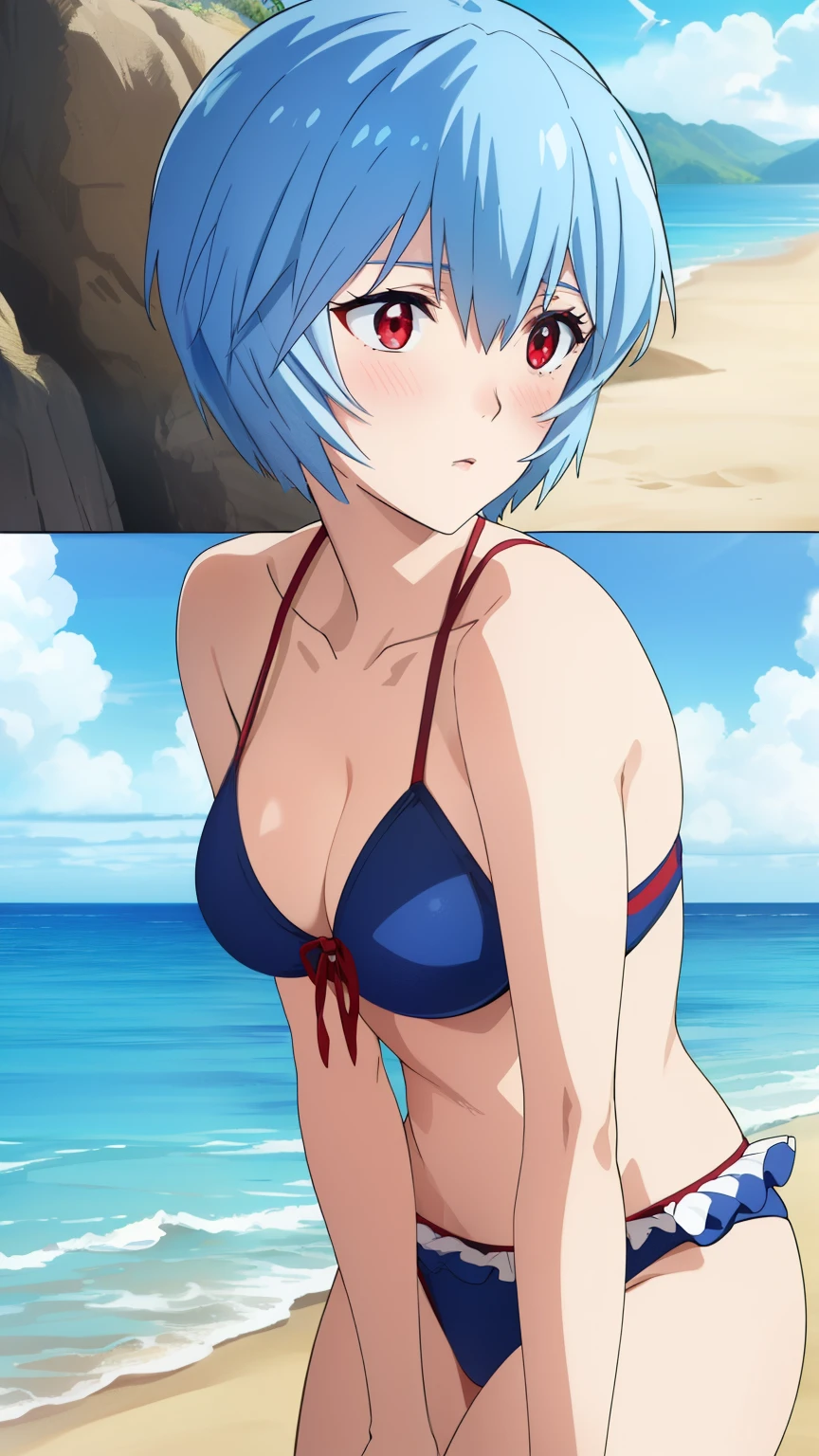 reiayanami, rei ayanami, (ayanami rei:1.2), blue hair, short hair, (red eyes:1.3), Medium breast,
BREAK (Swimsuit, frill, beach, blush),
BREAK (masterpiece:1.2), best quality, high resolution, unity 8k wallpaper, (illustration:0.8), (beautiful detailed eyes:1.6), extremely detailed face, perfect lighting, extremely detailed CG, (perfect hands, perfect anatomy), (beautiful face, beautiful legs), cowboy Shot,