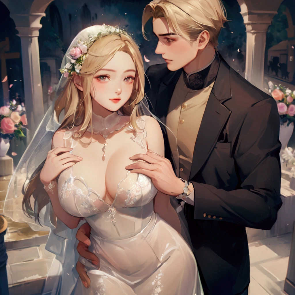 Anime-style image of a man and woman in wedding dresses, WLOP and Sakimi-chan, Gwaiz, Gwaiz on pixiv artstation, artwork in the style of Gwaiz, Gwaiz on artstation pixiv, sakimichan and frank franzzeta, Gwaiz masterpiece, Reusch and Urop