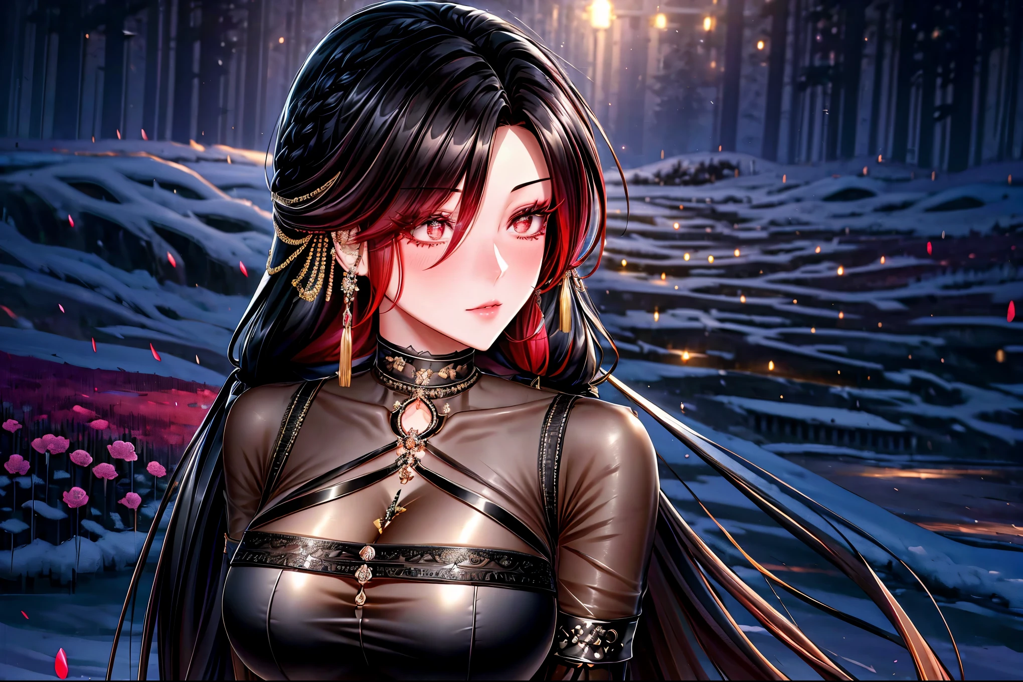 shoujo style, frosty style, (romantic manhwa), 1 girl, black hair, solo, long braided hair, long braid, dress, gloves, long sleeves, choker, red-cyclamen eyes, mascara, makeup, elbow gloves, bra, jewelry, many ear piercings, peepers, collarbones, gold accessories, upper body, parted bangs, braided hair, side braids, black dress, ruffles, bangs, closed mouth, outdoors, detailed eyes, dynamic cut, walking in a rose field at night, flowers, warm , summer environment, beach,