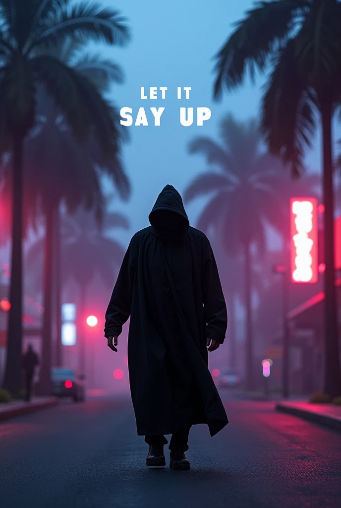 Man ALL BLACK as if he were a shadow walking through Los Angeles 2007 between palm trees with orange vaporwave background and LET IT SAY UP 00s