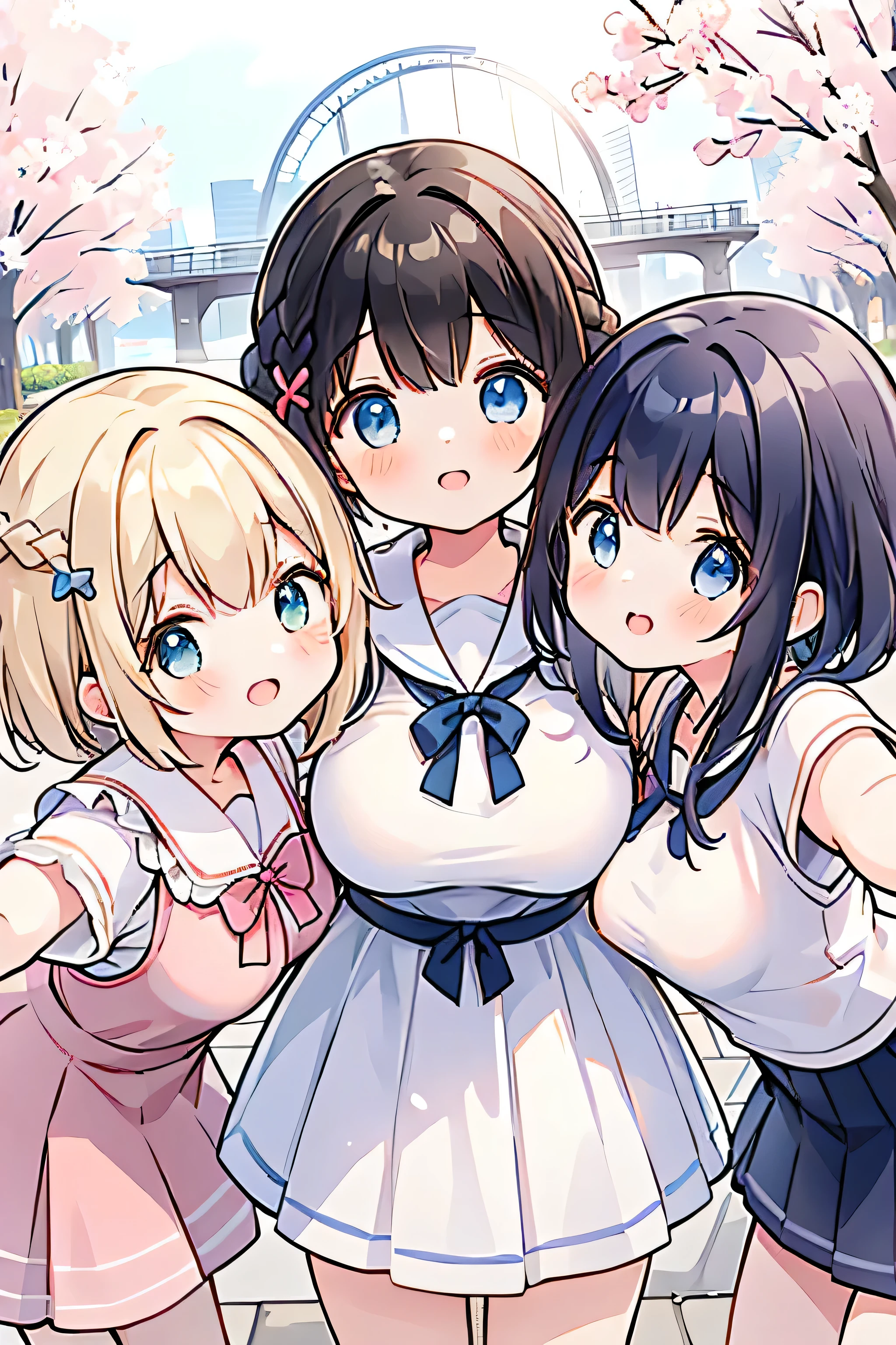 Highest quality、High resolution、Detailed Background、(Beautiful face in every detail:1.4)、Detailed facial expressions、Anatomically correct、(Detailed eyes:1.2)、Teenage Beauty、(Huge breasts:1.2)、cute hair color、Braided Ponytail、Braided bob cut、Braided twin tails、Perfect body line、
cute gesture、Innocent joy、Fun atmosphere、Jokingly、
(Three beautiful girls having fun taking a selfie together with their friends:1.5)、
Odaiba Seaside Park、A seaside park where you can take selfies with the Rainbow Bridge and Tokyo Tower in the background..、
You can take selfies at Sensoji Temple'Stroll through Kaminarimon and Nakamise Street in a traditional Japanese atmosphere.、
Omotesando is lined with stylish cafes and shops., You can take selfies with the cityscape in the background.、cute