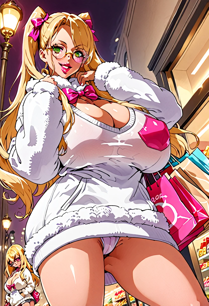 blush, smileglowing aura, natural light, masterpiece, glossy skin, juicy lips , ,sexy, hot, , cleavage, evil,juicy lips, bimbo, hour glass, blonde hair, wide eyes, green eyes, massive boobs, dark lighting, long hair, pink bow, oversized jumper, platform shoes, bow in hair, golden round glasses, sandy blonde hair, bimbo, cute, fluffy white coat, shopping, shopping bags, white fluffy coat, evil smile, no hair on forehead, no fringe, from below, juicy lips, cowboy shot