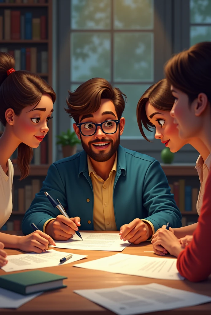 A brown man with glasses studying with 3 women with several papers to pass a contest.