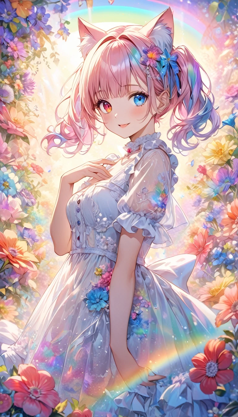 (((masterpiece))), (((Highest quality))),((Ultra-detailed)), A fusion of watercolor and oil painting, Psychedelic world, Watercolor splash,Very colorful tones, Commemorative photo, White Dress、super precision embroidery, See-through lace, ribbon, see-through frill,cute, beautiful girl, Lolita, -yeld gi 1 cute girl, (Look forward), (Looking at this), (Very delicate and beautiful face), (Beautiful eyes in every detail), ((((Heterochromia Iridum - Red and Blue Eye Color)))),Through the bangs, Pale pink hair,Twin tails, Beautiful attention to detail, Beautiful lip detail, Highly detailed face, Attractive eyes, Long eyelashes, smile, Open your mouth a little, Cat ear, 髪の色と同じ色のCat ear,One Girl, ((The most beautiful girl of all time))),Digital Art, pastel colour, ((Use the rainbow as your main color)),Vibrant colors,fantasy art pieces,dream-like,Mythical fantasy with rainbow accents,Fairytale Fantasy,(((Colorful flowers))), (((Translucent rainbow))),Rainbow gradient,Subtle iridescent details,Gives off an aura of magic,Exquisite detail,Heavenly, Flowers,Soft lighting, Cinematic, romantic, baby dollming above the chest, Colorful gel background, Fractal Floral Background, Sparkling, Sparkling, Lolita, Perfect lighting, Sharp focus, High resolution, High resolution,High color rendering, High resolution