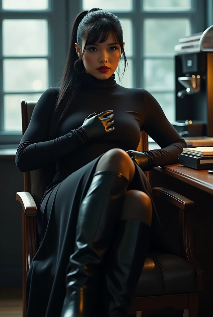 photo of a good class looking eyes closed horny sweated office secretary man cross dresser at 35 years old ,(( red lipstick )) (( long black pon ytail hair)) ((the man has a black long maxi-skirt:1.2 and a black turtleneck sweater with a gold chain )), (( he is wearing his favorite black gloves )) (( black high knee boots)) (( ) (( he is the boss of the office and everyone love her)) , he is near the coffe machine ,leg crossed sitting on the desk, he is caressing her black boots)) ((it's very cold, and everyone is full dressed)) (( he is wearing his favorite black gloves )) (( he is showing me her beautifull erected cock)) (( he is pissing on the desk)) (( he is touching his breast))