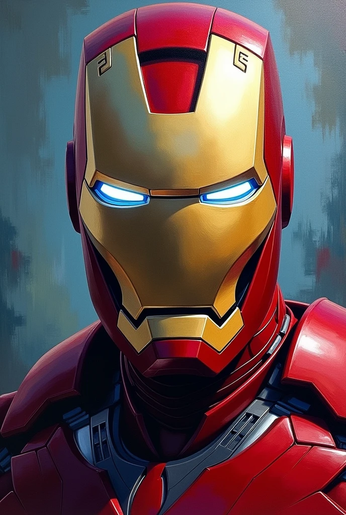 Iron Man face artistically painted on a canvas in oil