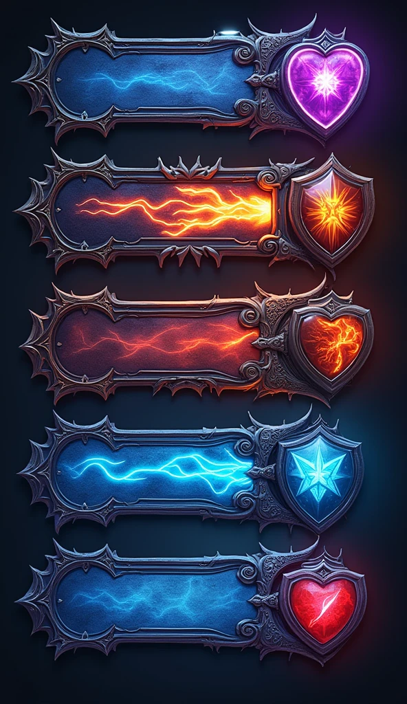 A visually stunning status bar reminiscent of video game interfaces showcases defense, attack, speed, and health. Each element is intricately designed, with vibrant colors and intricate patterns that suggest power and protection. The defense section features intricate shields with intricate detailing, while the attack segment is adorned with sharp, menacing weapons. Speed is depicted with dynamic streaks of lightning, and health is symbolized by glowing, pulsating orbs of energy. This digital image expertly combines functionality with artistic brilliance, immersing viewers in a world of fantasy and adventure.