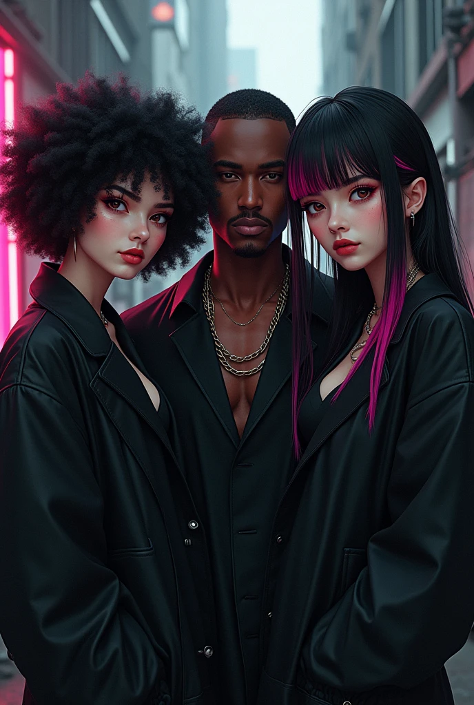 E-girl with black coat and curly black Power hair, and another e-girl with a black coat, straight hair with pink bangs, a little towards red, with the rest of her hair black, and a dark-skinned man with short hair shaved on the side, with a thick cord, with a black blouse