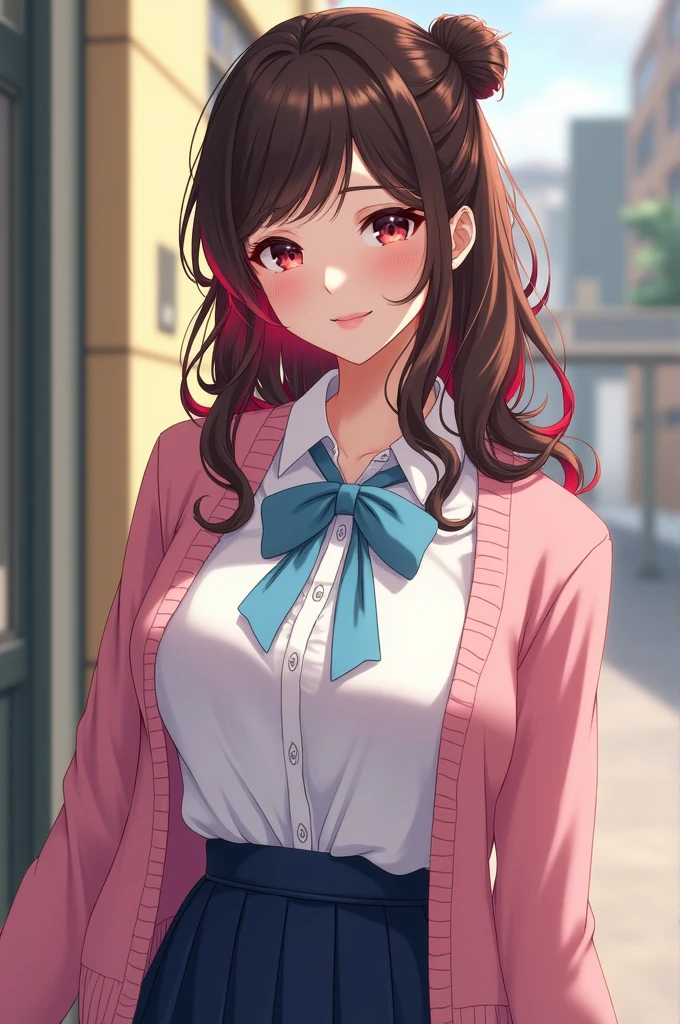 Brown Hair、Red hair tips、Bob Hair、Half-up bun on the right、Pink Cardigan、White Shirt、Light blue ribbon、Navy blue mini skirt、uniform、Big Breasts、beautiful girl、fine