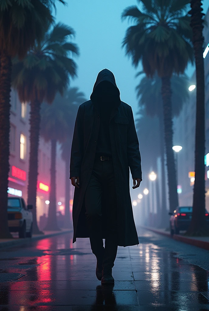 Man ALL BLACK as if he were a shadow walking through Los Angeles 2007 between palm trees with orange vaporwave background and LET IT SAY UP 00s