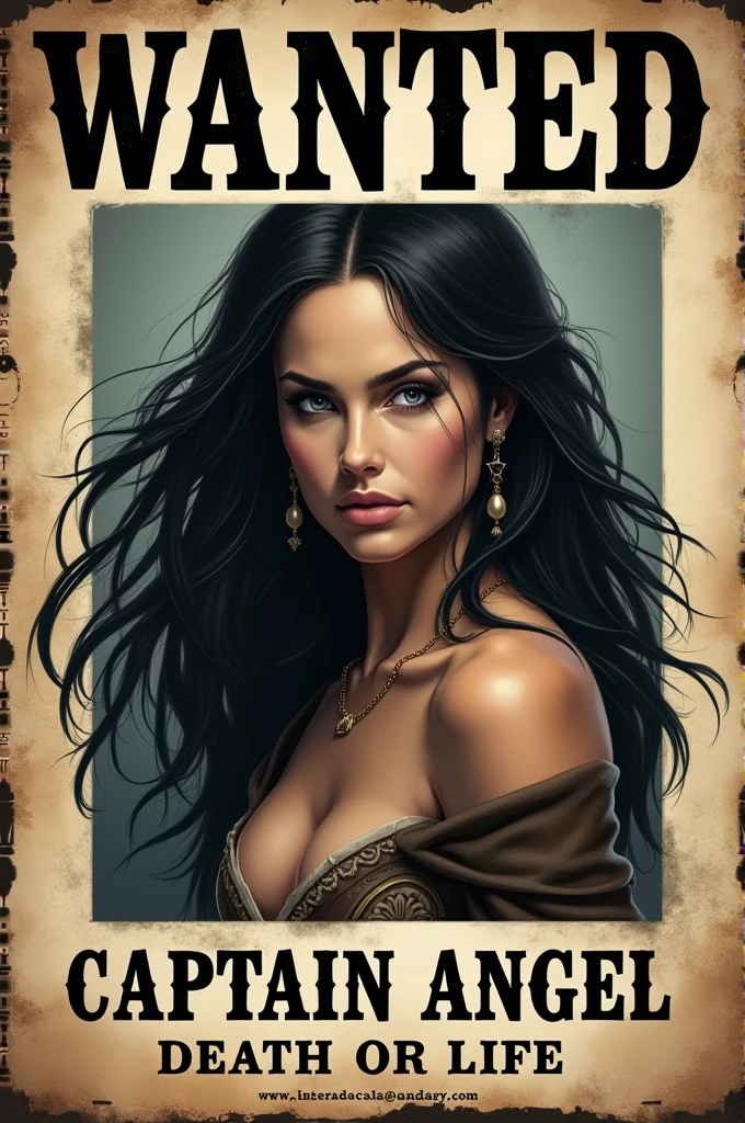 Make a wanted poster for a female pirate captain, black haired wistoh a cash reward, and add silver eyes to the captain. Add wristoing "Death or Life" below the name "Captain Angel"