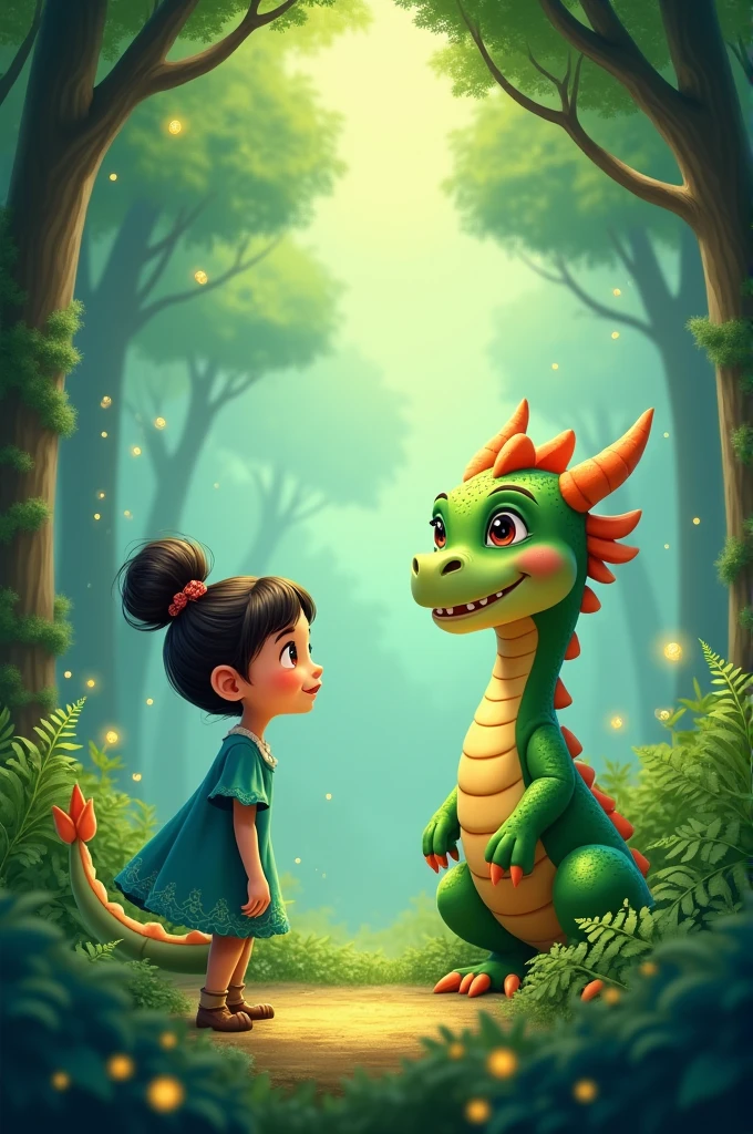 A color image showing Bia, one with a blue dress, looking in awe at a friendly green dragon in a forest. The dragon has kind eyes and is smiling at Bia. Cartoon
