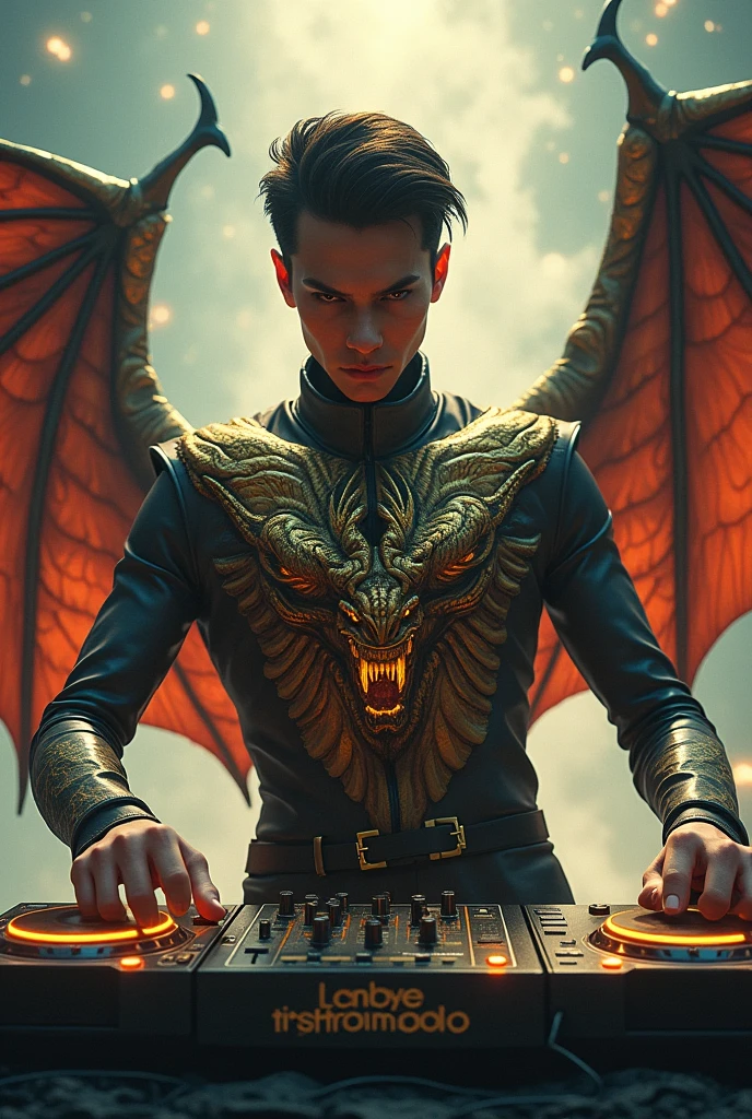 A person with a dragon on his chest and a gold and black DJ controller